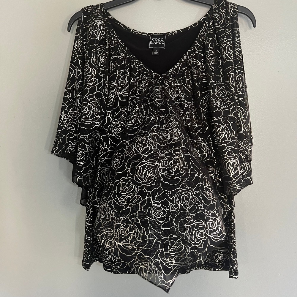 Coco Bianco Womens Black Silver Metallic Rose Cold Shoulder Layered Blouse M - Picture 4 of 8